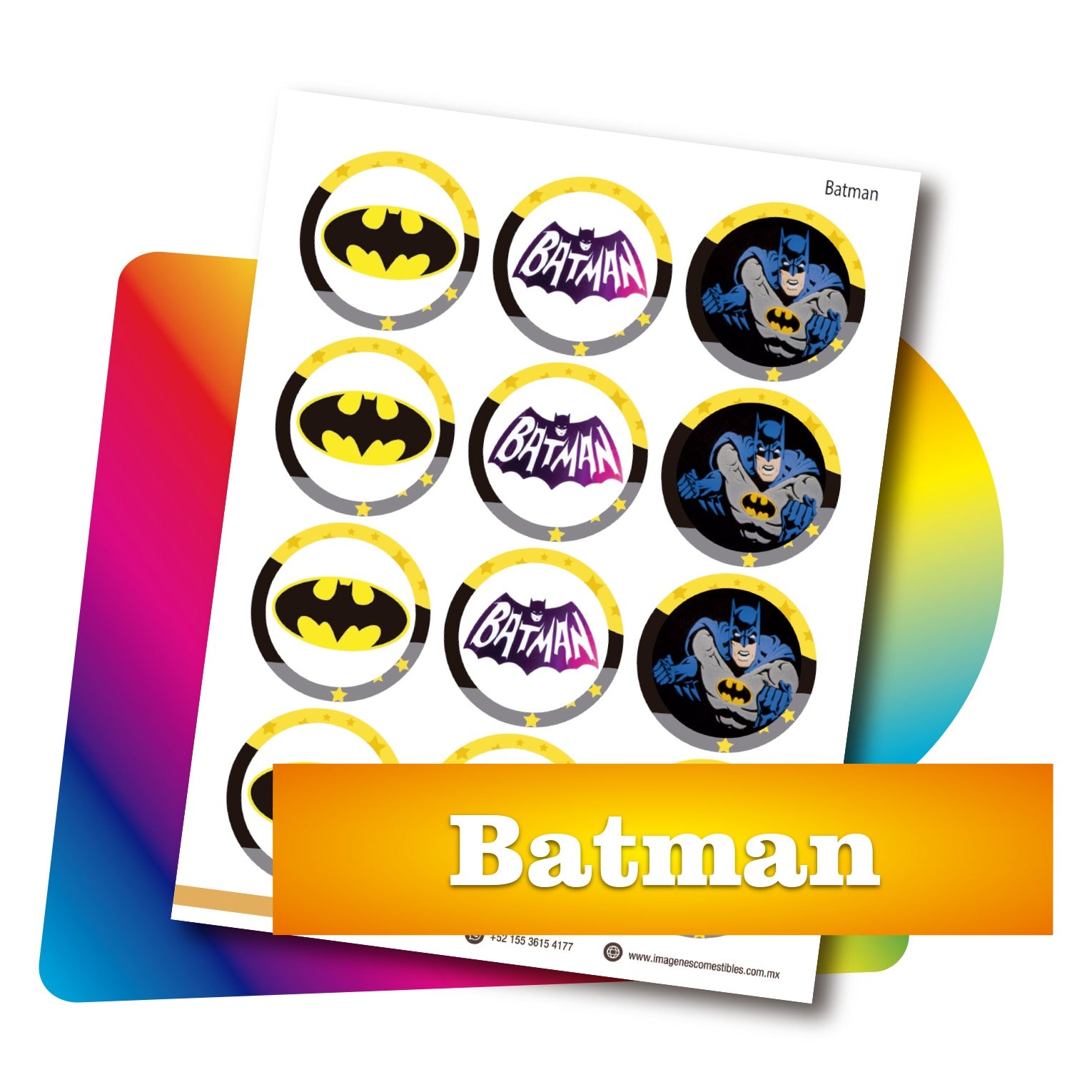 Planilla PDF con 12 círculos de 6 cm. Batman