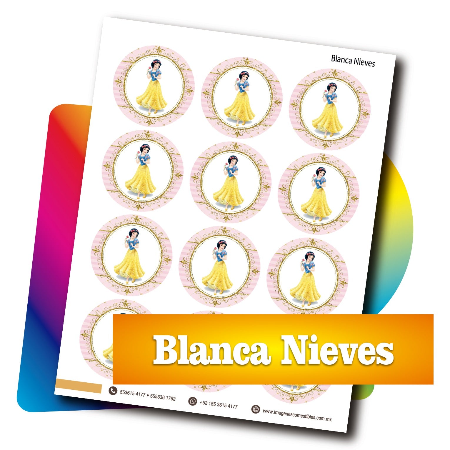 Planilla PDF con 12 círculos de 6 cm. Blanca nieves