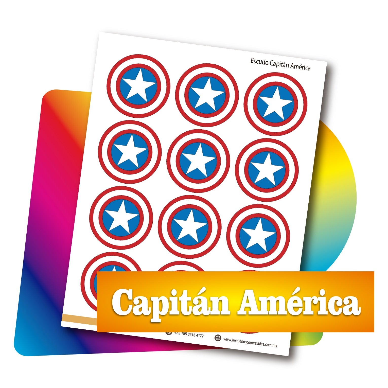Planilla PDF con 12 círculos de 6 cm. Capitán América escudo