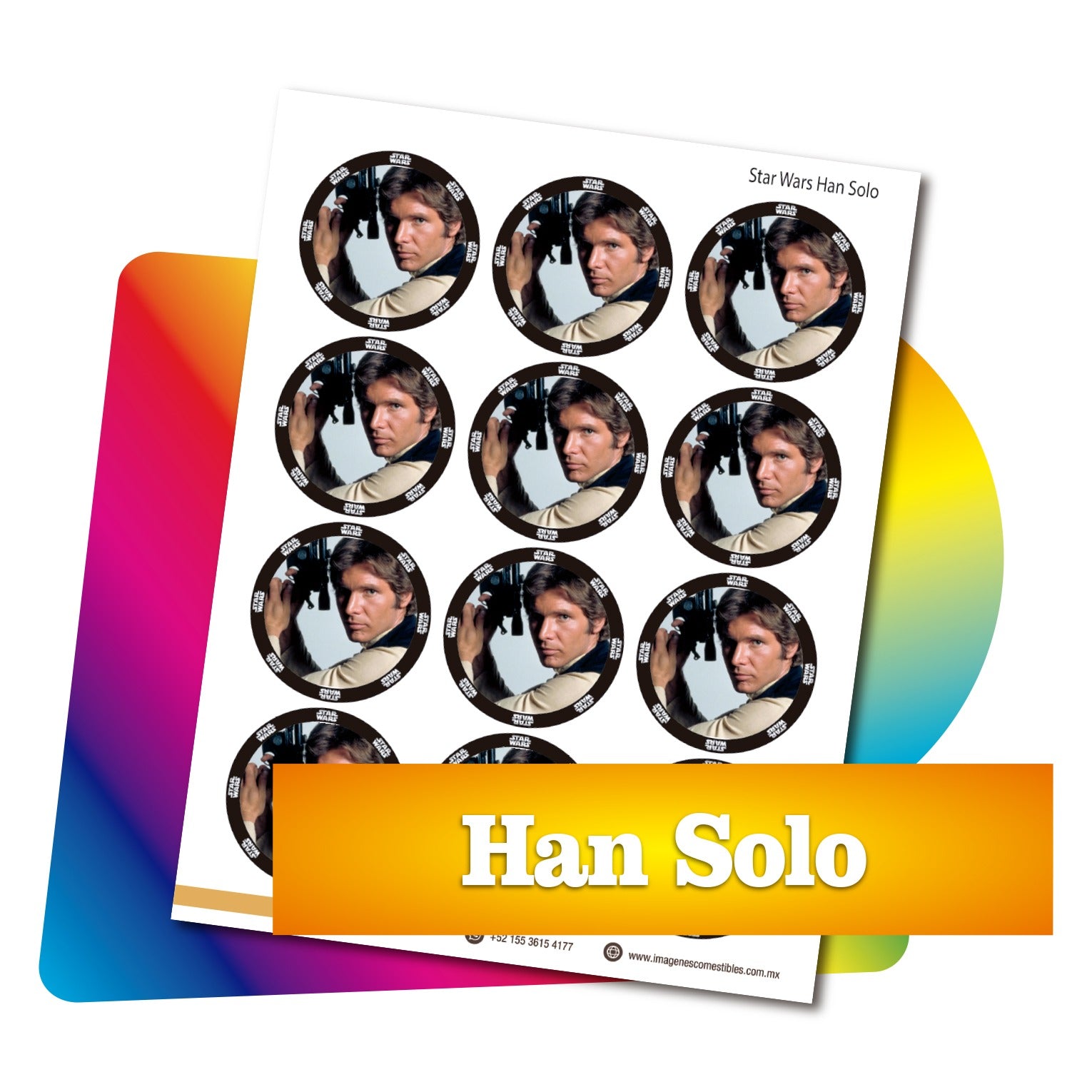 Planilla PDF con 12 círculos de 6 cm. Han Solo