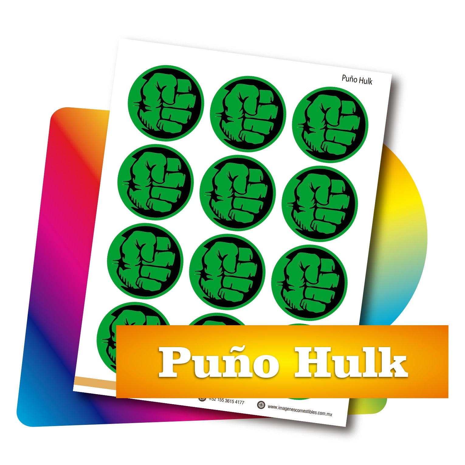 Planilla PDF con 12 círculos de 6 cm. Hulk puño