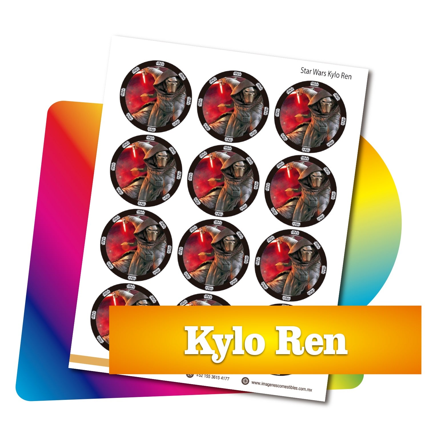 Planilla PDF con 12 círculos de 6 cm. Kylo Ren