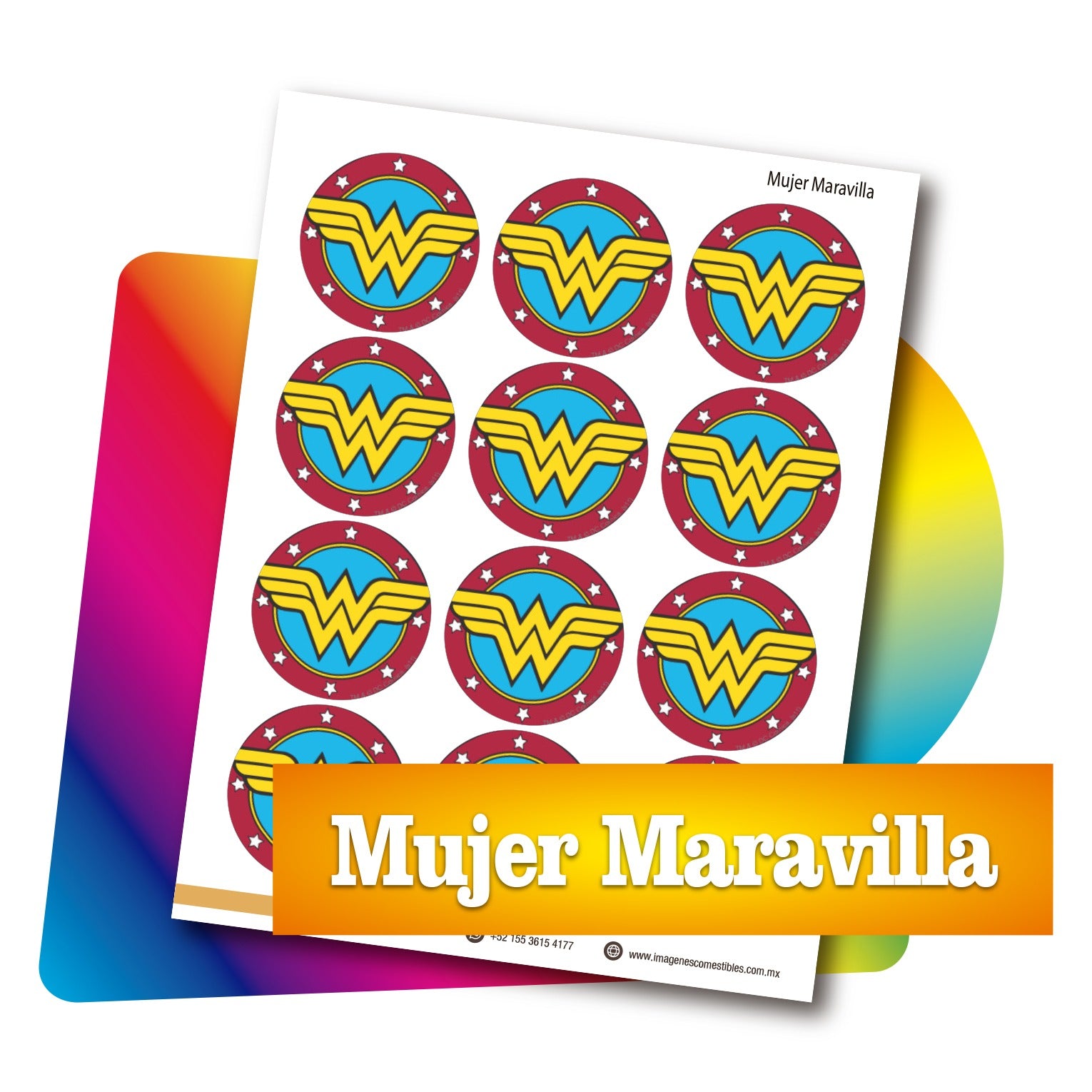 Planilla PDF con 12 círculos de 6 cm. Mujer maravilla escudo