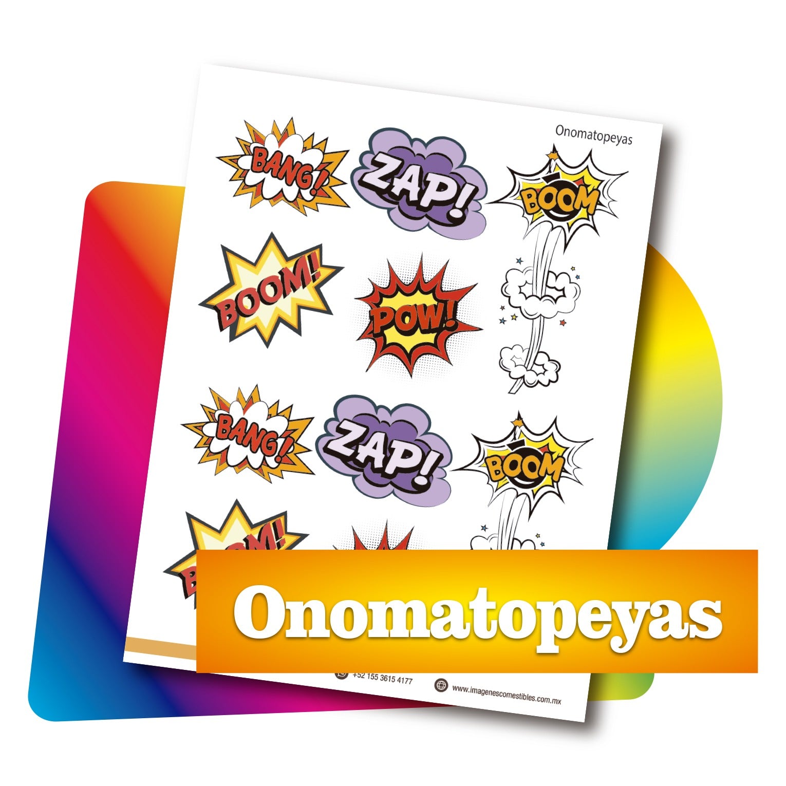 Planilla PDF con 12 círculos de 6 cm. Onomatopeyas