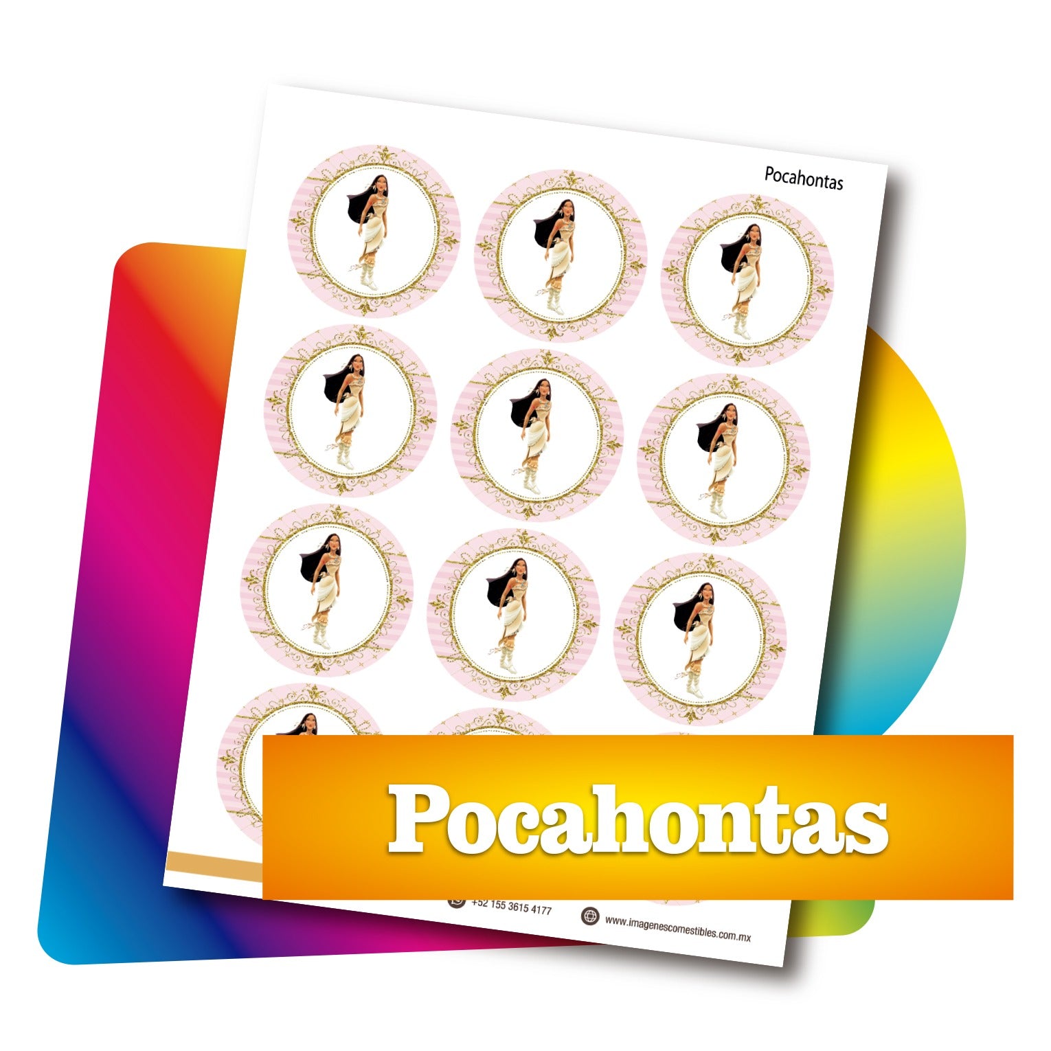 Planilla PDF con 12 círculos de 6 cm. Pocahontas
