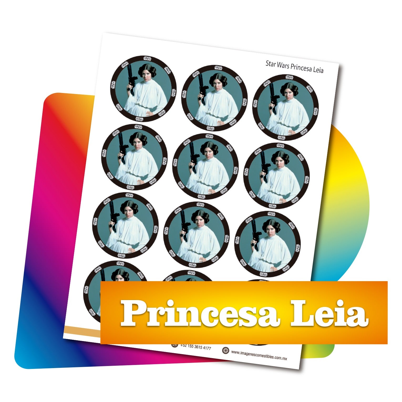 Planilla PDF con 12 círculos de 6 cm. Princesa Leia
