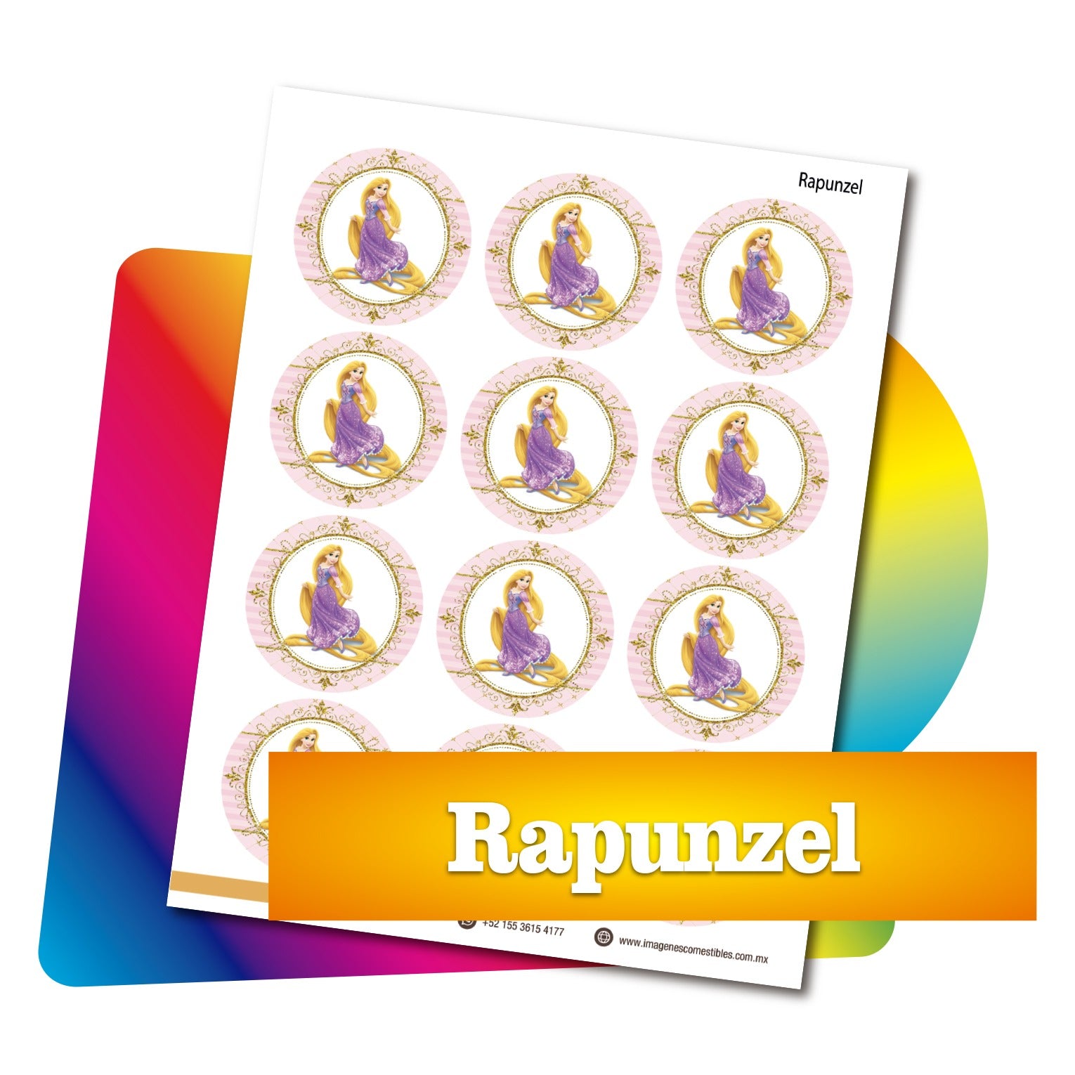 Planilla PDF con 12 círculos de 6 cm. Rapunzel