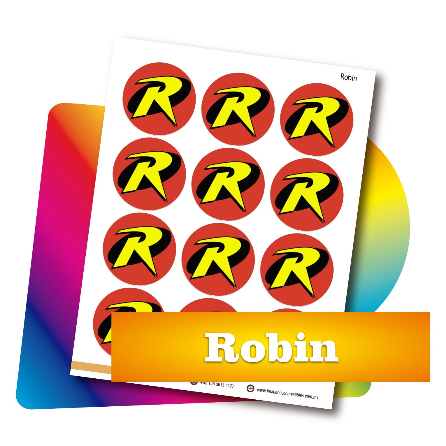 Planilla PDF con 12 círculos de 6 cm. Robin escudo
