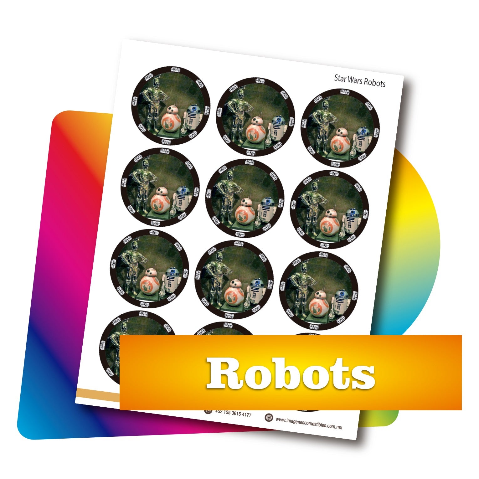 Planilla PDF con 12 círculos de 6 cm. Robots